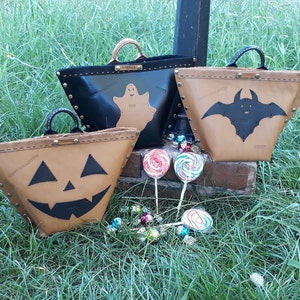 Personalized Trick or Treat Halloween Gift Kids Bag, Cute Spooky Bat Ghost Pumpkin Faced Backpack, Leather Design Candy Basket Bucket, Boo!