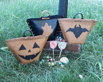 Personalized Trick or Treat Halloween Gift Kids Bag, Cute Spooky Bat Ghost Pumpkin Faced Backpack, Leather Design Candy Basket Bucket, Boo!