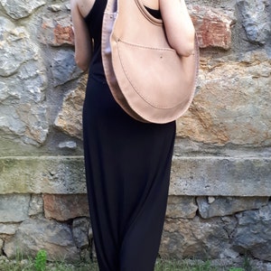 Large Round Real Leather Handmade Design Bag. For Work, Daily XXL Women Slouchy Shoulder, Hand Tote. Personalized Valentine Day Gift To Her. image 9