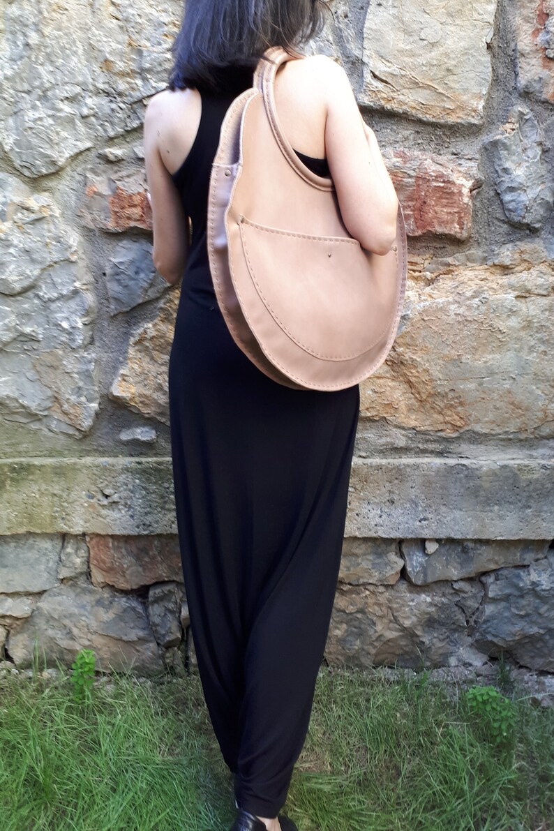 Large Round Real Leather Handmade Design Bag. For Work, Daily XXL Women Slouchy Shoulder, Hand Tote. Personalized Valentine Day Gift To Her. image 9