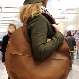 Large Round Real Leather Handmade Design Bag. For Work, Daily XXL Women Slouchy Shoulder, Hand Tote. Personalized Valentine Day Gift To Her. image 3