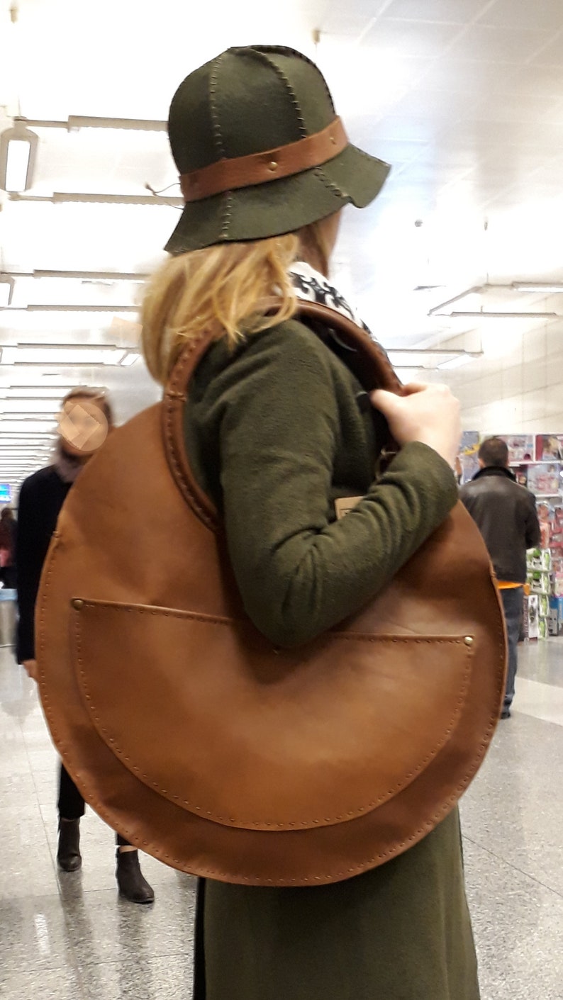 Large Round Real Leather Handmade Design Bag. For Work, Daily XXL Women Slouchy Shoulder, Hand Tote. Personalized Valentine Day Gift To Her. image 3