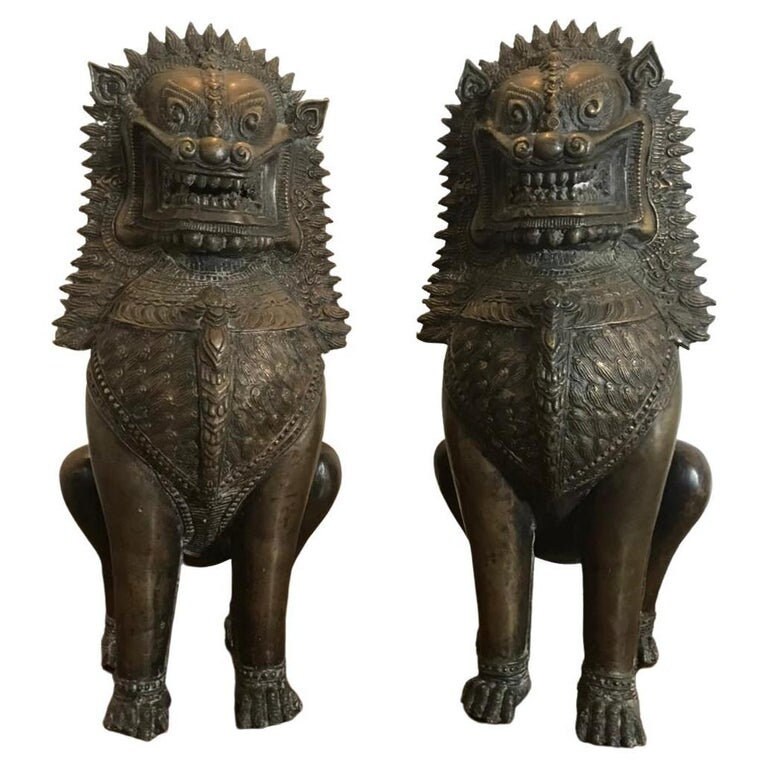 Gardiens Du Temple Des Lions Fin 19E Début 20E Siècle Rattanakosin Thaïlande