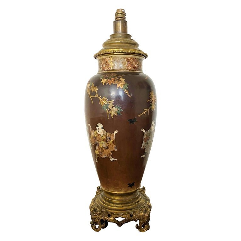 Vase en Porcelaine de Satsuma et Bronze Japonais Transformé Lampe 19Ème Siècle