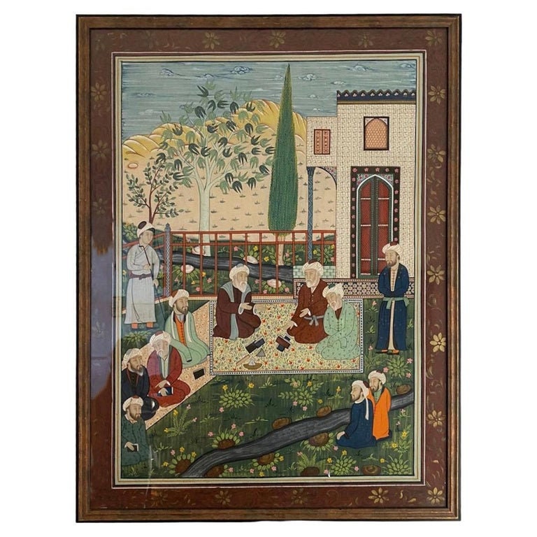 Peinture de L'école Kadjar Assemblée Savants Art Islamique Fin Du 19E Siècle