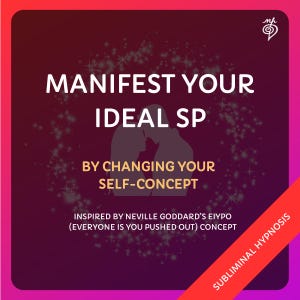 Peut inclure: Un graphique carré avec un fond dégradé violet foncé à rose présentant le texte blanc MANIFEST YOUR IDEAL SP BY CHANGING YOUR SELF-CONCEPT. En dessous, le texte indique INSPIRED BY NEVILLE GODDARD'S EIYPO CONCEPT et SUBLIMINAL HYPNOSIS.
