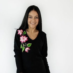Black Sweater with Pink Flowers and Green Leaves Hand Embroidered by Artisans from Argentina.