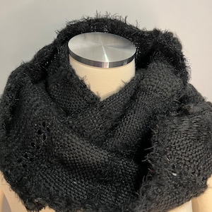 Woven on the Loom Chunky Knit Cowl Scarf: Black Merino Wool Blend, Hand Woven