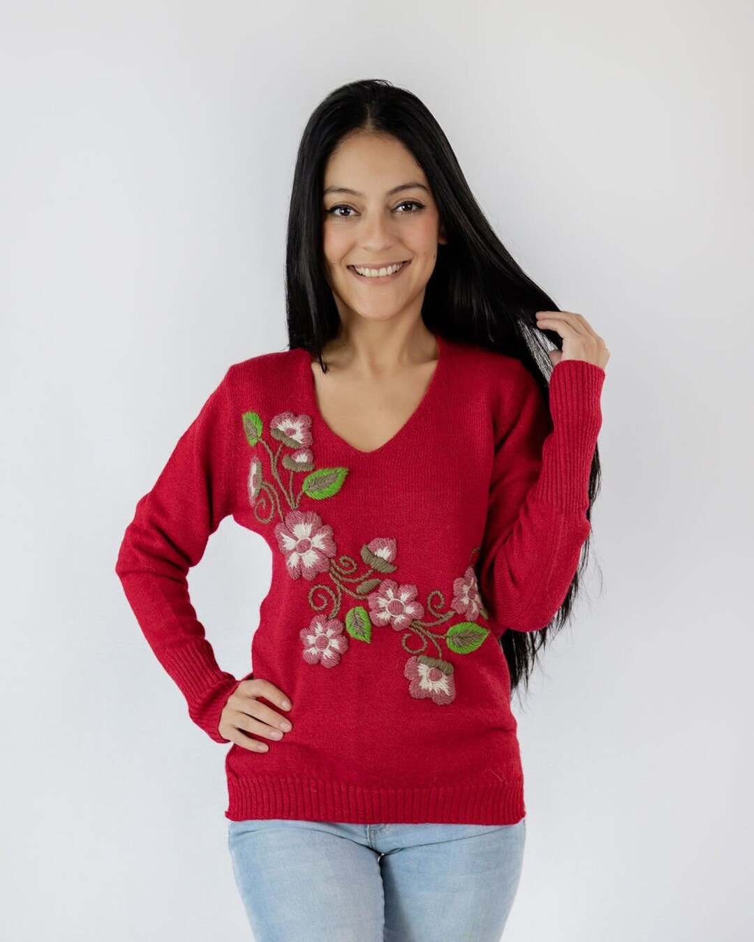 Red Sweater With Pink Flowers and Green Leaves Hand Embroidered by ...