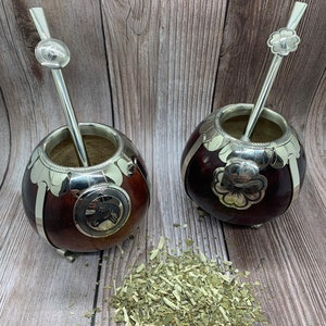 Mate Gourd Cup with Alpaca Silver Decoration &quot;Large&quot;.  Handcrafted by artisans from Argentina.