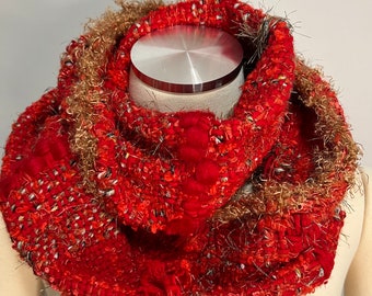Chunky Knit Scarf. Cowl Neck. Neck Warmer. Infinity Scarf. Red. Woven to the loom by artisans from Argentina.
