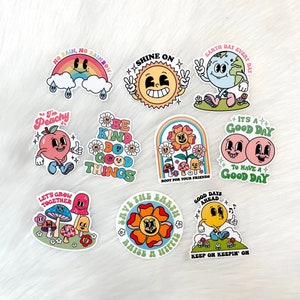Retro Sticker Pack of 10, Cute Stickers, Positive Quote Stickers, Retro Character Water Bottle Sticker Bundle, Cool Laptop Stickers image 1