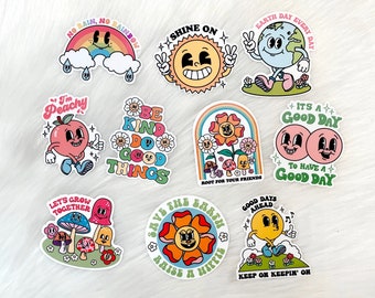 Retro Sticker Pack of 10, Cute Stickers, Positive Quote Stickers, Retro Character Water Bottle Sticker Bundle, Cool Laptop Stickers