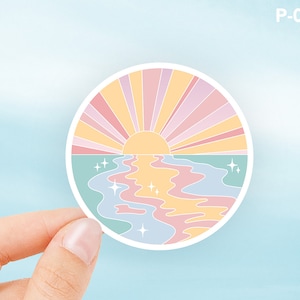 Pastel Sunset Sticker, Cute Stickers, Danish Pastel Waterproof Sticker, Retro Sunrays Water Bottle Sticker Ocean Sunset Laptop Sticker P-016