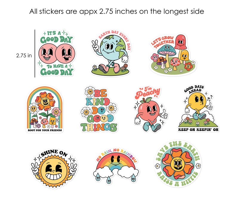 Retro Sticker Pack of 10, Cute Stickers, Positive Quote Stickers, Retro Character Water Bottle Sticker Bundle, Cool Laptop Stickers image 3