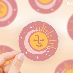 Sun Moon Star Sticker, Celestial Sticker, Boho Waterproof Sticker, Water Bottle Sticker, Pink Yellow Laptop Sticker, Cute Sticker - B-008