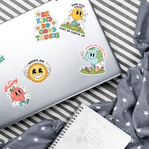 Retro Sticker Pack of 10, Cute Stickers, Positive Quote Stickers, Retro Character Water Bottle Sticker Bundle, Cool Laptop Stickers image 2