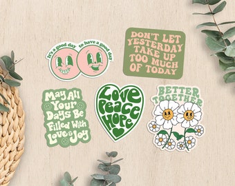 Green Sticker Pack of 5, Cute Stickers, Positive Quote Waterproof Stickers, Retro Water Bottle Sticker Bundle, Green Pink Laptop Stickers