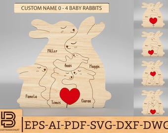 Peut inclure: Une découpe en bois d'une famille de lapins avec un cœur au centre. Les lapins sont étiquetés avec les noms Miller, Anais, Maggie, Pamela, Tomos et Ciaran. Le texte "CUSTOM NAME 0-4 BABY RABBITS" est en haut de la découpe.