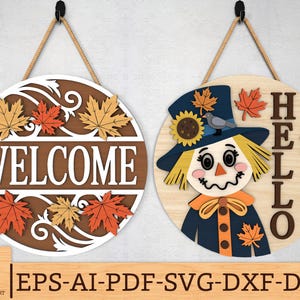 Fall Scarecrow Door Sign SVG, Welcome & Hello Autumn Round Sign SVG Bundle, Laser Cut Layered Fall Decor Files, Glowforge svg files