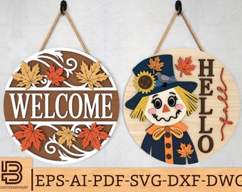 秋のかかし型ドア看板 SVG、ようこそ＆こんにちは秋の丸型看板 SVG バンドル、レーザーカットのレイヤード秋装飾ファイル、Glowforge SVG ファイル