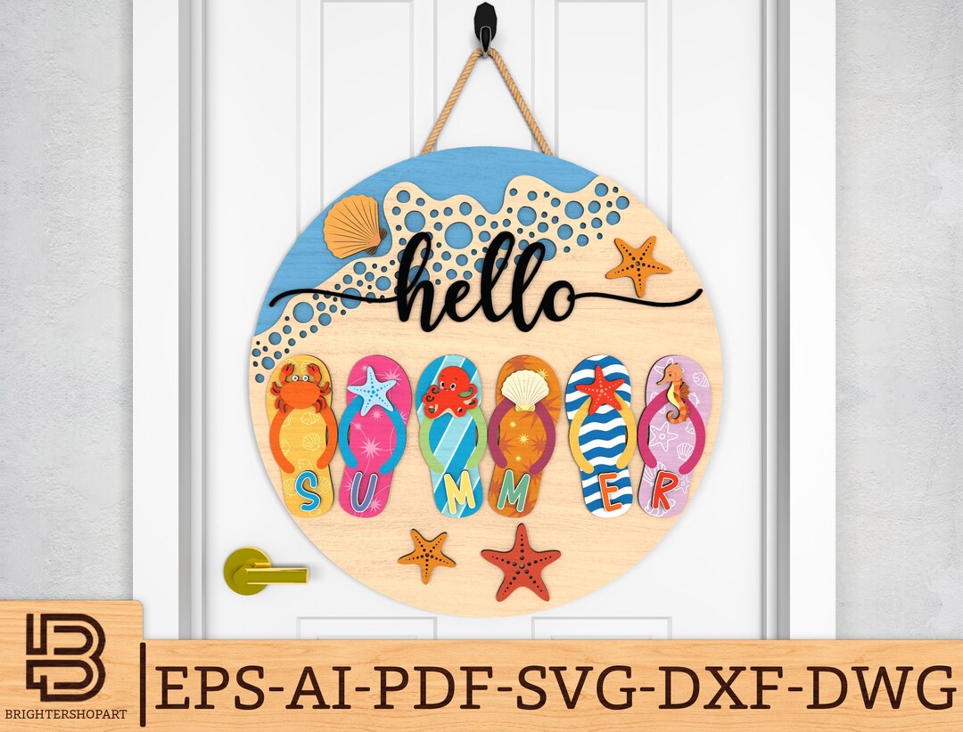 Hello Summer Flip Flop Round Door Hanger SVG, Beach House Welcome Sign ...
