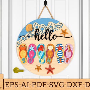 Hello Summer Flip flop round door hanger SVG, Beach house welcome sign,Summer Door sign svg, Marine Life,Glowforge svg files,Laser cut files