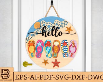 Hallo zomer flip flop ronde deurhanger SVG, strandhuis welkomstbord, zomerdeur teken svg, Marine Life, Glowforge svg-bestanden, lasergesneden bestanden