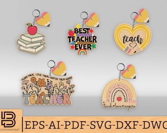 Teacher Keychain Svg Bundle, Gift for Teacher, Teacher Gift, Teacher Keychain Svg, Pencil heart svg, Keychain Laser file,Glowforge SVG Files