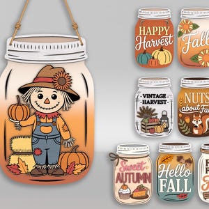 May include: A collection of seven decorative mason jar signs featuring autumn themes. Designs include a scarecrow, pumpkins, sunflowers, a squirrel, and text such as Happy Harvest, Fall, Vintage Harvest, Nuts about Fall, Sweet Autumn, Hello Fall, and Farm Fresh Fall.