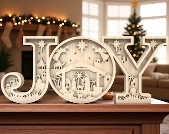 JOY Nativity Sign Glowforge Laser Cutfile Svg ,3D Layered Christmas Standing Decor ,Wooden Nativity Scene Holiday SVG, Christmas Decor