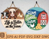 Farmhouse Welcome Sign SVG, Farm Animals & Farm Sweet Farm Red Barn Round Door Hanger Laser Cut Files, Rustic Farm Decor,Glowforge svg files