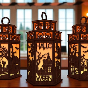 DIY Halloween Lantern Laser Cutfile Svg,Haunted House with Witch & Bats Svg,Spooky Wooden Light Box Svg, Halloween Laser Cut Lantern File