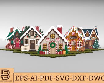 Christmas Standing Gingerbread Village Table Decoration svg, Christmas Houses Stand decor Laser Cut Files, Glowforge svg files