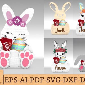 May include: Four bunny-shaped Easter basket designs with names Jack, Jenny, Anna, and David. Each basket has a space for a chocolate bunny and an egg. The baskets are made of wood and have a white, pink, and blue colour scheme.