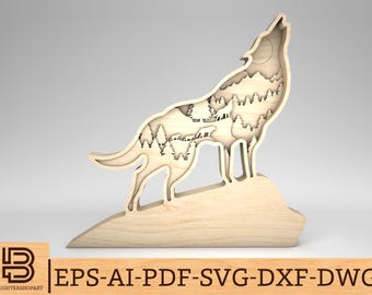 Multilayer Wolf Art svg, Wolf svg, Wolf scene svg, 3D Layered Wolf svg, 9 layer art piece, Laser cut files, Glowforge svg files