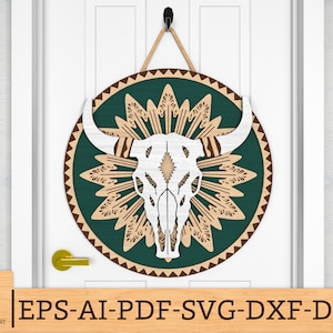 Westerse welkomstbord SVG, stier schedel rond teken svg, westelijke deurhanger svg, Texas deur teken svg, Glowforge svg-bestanden, lasergesneden bestanden