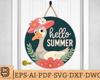 Hello Summer Goose Hat Flowers Sign svg, Summer Round Sign SVG, Farm Animals Door Hanger svg, Goose svg,Glowforge svg files,Laser cut files