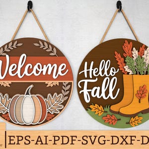 Welcome Pumpkin Hello Fall Sign SVG Bundle,  Fall Round Door Hanger Laser Cut Files, Autumn Porch Sign svg, Glowforge Layered Sign Svg