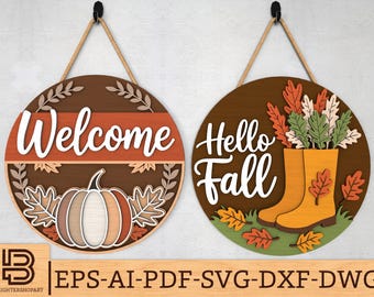 Welcome Pumpkin Hello Fall Sign SVG Bundle,  Fall Round Door Hanger Laser Cut Files, Autumn Porch Sign svg, Glowforge Layered Sign Svg