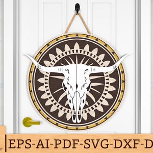Westerse welkomstbord SVG, stier schedel welkomstbord svg, westerse deurhanger svg, Texas deur teken svg, Glowforge svg-bestanden, lasergesneden bestanden