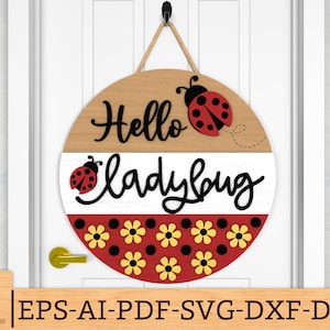 Hello Ladybug Round sign svg, Summer Welcome Sign SVG, Ladybug Door Hanger svg,Floral Door Sign svg,Glowforge svg files,Laser cut files