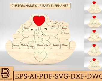 Gepersonaliseerde olifant familie puzzel SVG, olifant puzzelstukjes svg, Vaderdag svg, Moederdag svg, Glowforge svg-bestanden, lasergesneden bestanden
