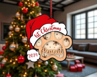 File Glowforge per ornamento a zampa di cane, ornamento natalizio SVG per taglio laser, animale domestico personalizzato 1° Natale 2024 SVG, file tagliato al laser per animali domestici