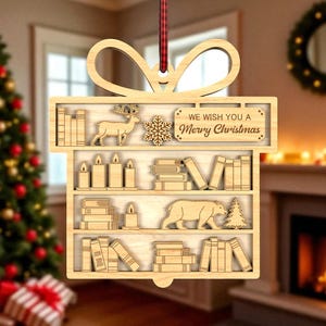 Adorno navideño en forma de caja de regalo (Svg), adorno para amantes de los libros, adorno navideño de madera para estantería, archivo cortado con láser Glowforge, decoración navideña en formato SVG