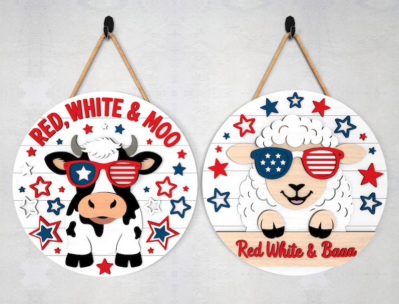 Patriotic Farm Animal Door Hanger Svg, Red White Moo and Red White Baaa ...