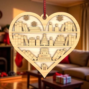 Heart Ornament SVG, 2025 Christmas Ornament, Book Lover Ornament, Wooden Bookshelf Ornament, Glowforge Laser Cut File, Holiday Decor SVG