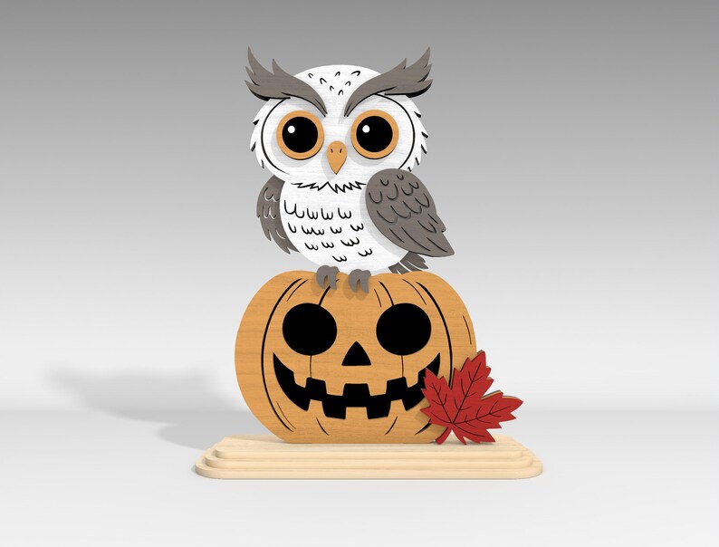 Pu&ograve; includere: Decorazione di Halloween in legno con un gufo dei cartoni animati appollaiato su una zucca intagliata. Il gufo &egrave; bianco, grigio e marrone con grandi occhi arancioni. Una foglia di acero rossa &egrave; attaccata alla zucca.