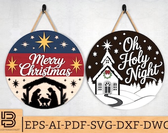 Religious Christmas Door Hanger SVG Bundle, Nativity Scene & Oh Holy Night Church Sign Laser Cut File, Xmas Sign svg, Glowforge svg files