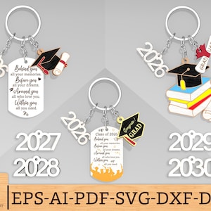 May include: Graduation-themed keychains with the year 2026, 2027, 2028, 2029, and 2030. Each keychain features a metal ring, a year charm, and graduation-related charms like a graduation cap, diploma, and books. The keychains have inspirational quotes.